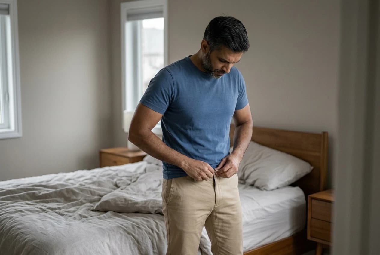 A man fastening his trousers in the morning light, noticing the fit has changed